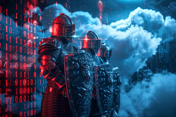 Knights in digital armor deflecting phishing attacks with shield of encryption amidst cyber clouds