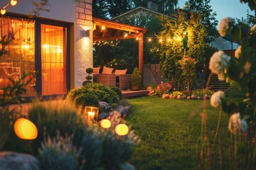Serene Summer Evening in a Beautiful Backyard Garden With Warm Lights - 796104249