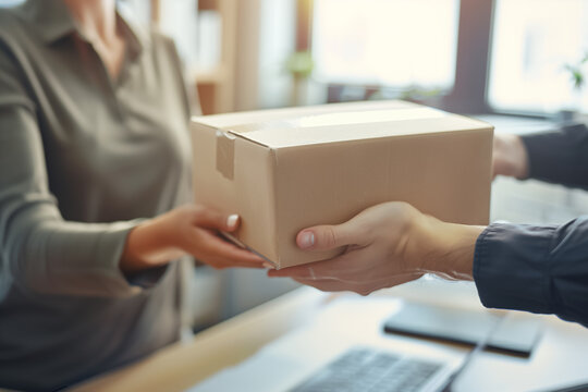 Delivery service handoff, with a courier providing a package to a customer in a bright office.