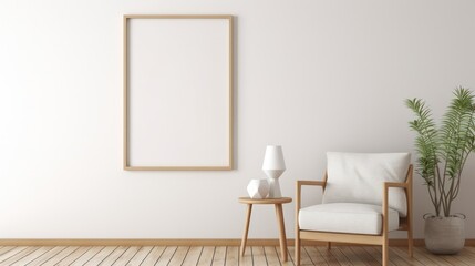 Empty frame in a living room interior with an armchair. - obrazy, fototapety, plakaty