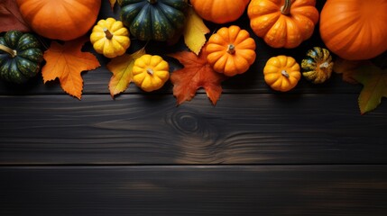 Festive autumn decor with pumpkins, berries, and leaves on a wooden background, top view. - obrazy, fototapety, plakaty