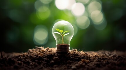 Light bulb with a green plant growing inside, sitting on dirt. - obrazy, fototapety, plakaty