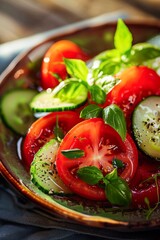 Fresh Tomato and Cucumber Salad Served on a Sunny Day