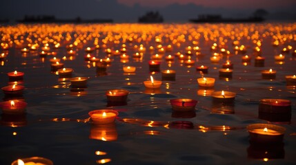 Many oil lamps, Diya, floating on the river to celebrate the Diwali festival. - obrazy, fototapety, plakaty