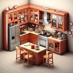 Kitchen room isometric illustration with a table, sink, and various elements. - obrazy, fototapety, plakaty