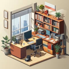 Modern office room isometric illustration featuring a monitor, bookshelf, and work desk - obrazy, fototapety, plakaty