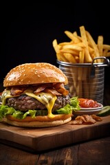 Mouthwatering burger with perfectly melted cheese and a juicy beef served with a side of golden fries - obrazy, fototapety, plakaty