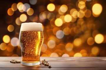 A glass of beer with frothy head sits on a wooden table in front of a blurred background - obrazy, fototapety, plakaty