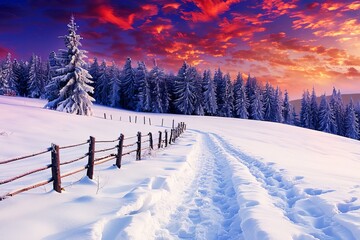Winter Wonderland at Twilight With Fresh Snow Covering a Forest Path