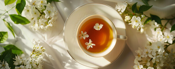 A composition depicting a cup of aromatic jasmine tea placed among a cluster of flowers, framed by...