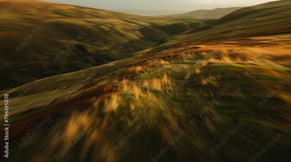 Poster the aerial view shows a hilly landscape covered with lush green trees and grass. the undulating terr