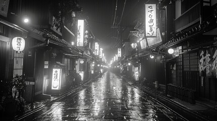 Japan city street lights at night, narrow street and lanterns after rain, in black and white - 796105010