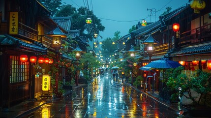 Gion Kyoto geishas district at night, narrow street and lanterns - 796105277