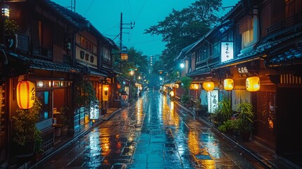 Gion Kyoto geishas district at night, narrow street and lanterns - 796105293