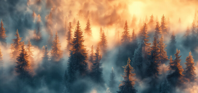 A dense forest spreads through the mountains, its treetops shrouded in gentle mist. The air is filled with the fresh clarity of the forest and covered in a dramatic sea of ​​clouds.