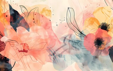 Abstract template. Written Abstract and Flowers, background. Contemporary collage with organic shapes and lines in pastel colors. 