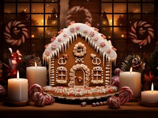 christmas gingerbread house with candle and snow