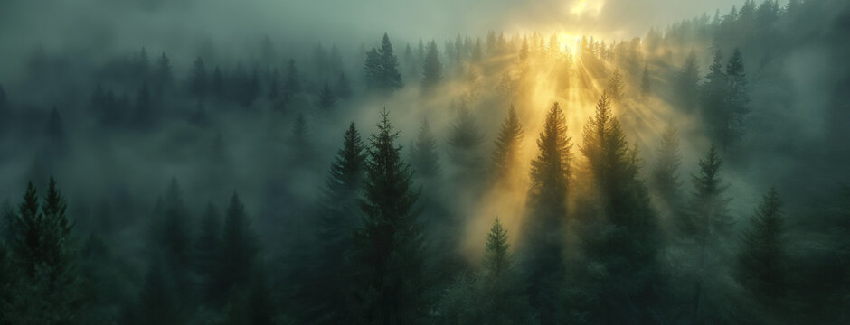 A dense forest spreads through the mountains, its treetops shrouded in gentle mist. The air is filled with the fresh clarity of the forest and covered in a dramatic sea of ​​clouds.