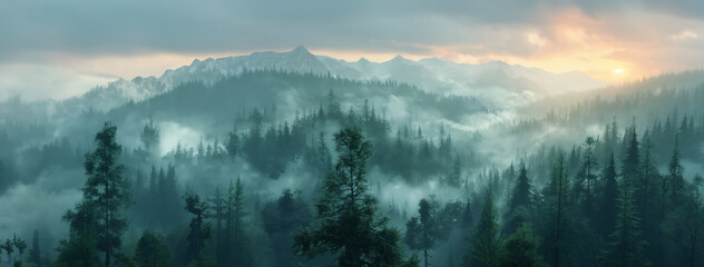 A dense forest spreads through the mountains, its treetops shrouded in gentle mist. The air is filled with the fresh clarity of the forest and covered in a dramatic sea of ​​clouds.