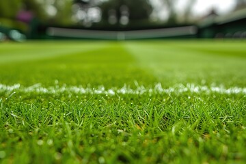 Close-up view of dew on grass with tennis court in the background.
