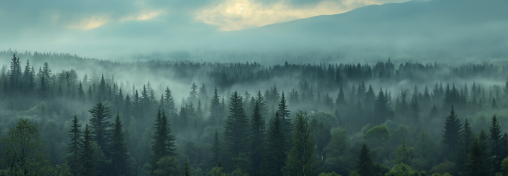 A dense forest spreads through the mountains, its treetops shrouded in gentle mist. The air is filled with the fresh clarity of the forest and covered in a dramatic sea of ​​clouds.