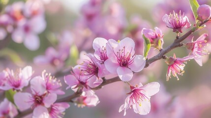Fototapeta premium Peach blossoms in the morning light, soft pink peach blossoms sparkle in the soft morning light, high resolution image perfect for spring themed designs.