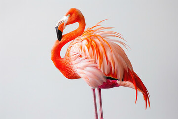 A flamingo standing on one leg, isolated on a white background