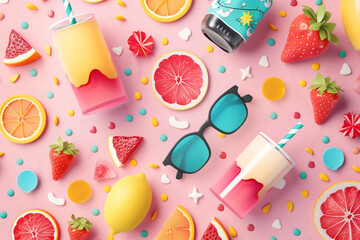 Pink background with fruit, sunglasses, and confetti