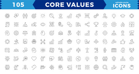 Simple Pixel Perfect Set of Core Values, Goals and Target Related Vector Line Icons. Contains thin Icons as Achievement,will to win, empathy, Aim, Motivation and more. Editable Stroke