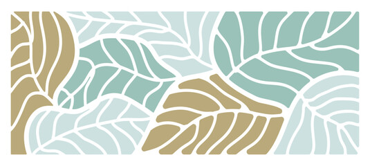 Naklejka premium Abstract foliage botanical background vector. Green color wallpaper of tropical plants, leaf branches, leaves. Foliage design for banner, prints, decor, wall art, decoration.