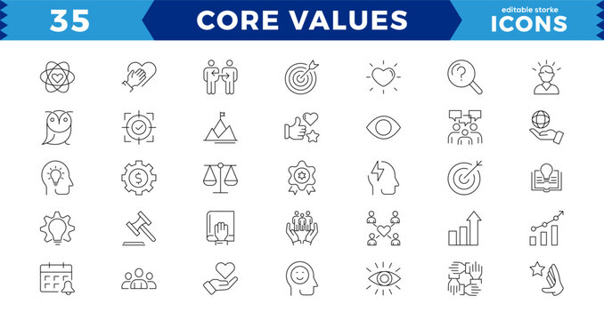 Simple Pixel Perfect Set of Core Values, Goals and Target Related Vector Line Icons. Contains thin Icons as Achievement,will to win, empathy, Aim, Motivation and more. Editable Stroke