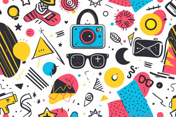 An array of colorful doodled icons and shapes including a camera, sunglasses, and a rocket represent creativity and pop culture