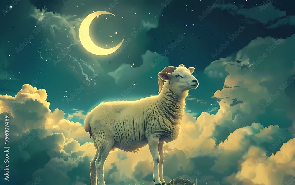 Wall mural Eid Al-Fitr Mubarak. Greeting card with sacrificial lamb and crescent moon on cloudy night background.