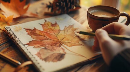 Person creating maple leaf design in notebook on wooden table next to coffee cup
