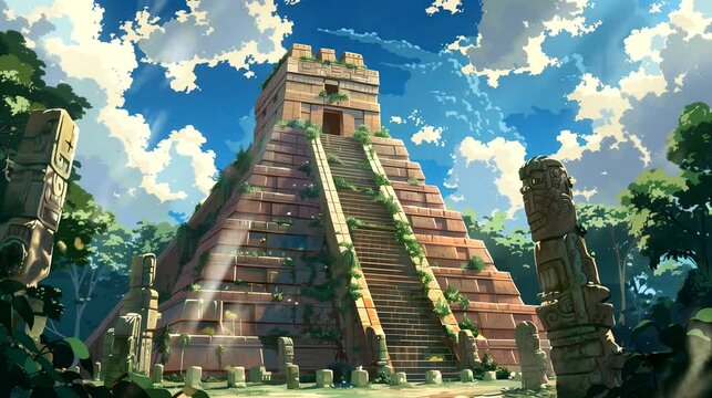 Mystical mayan temples. Ancient concept, anime illustration style, looping 4k video animation background