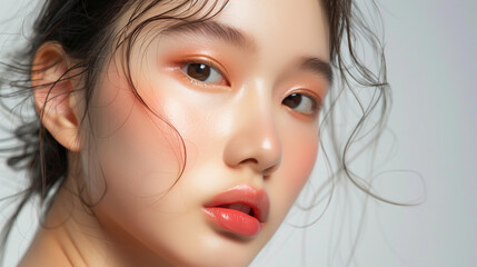 Woman with red blush on cheeks, close-up shot. Cosmetics advertisement photo. Cosmetics photo, beauty industry advertising photo.