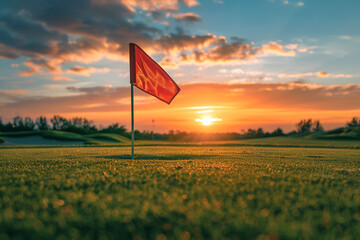 Lone flag on the green at sunset, the goal in sight but the path challenging, a metaphor for the game and life
