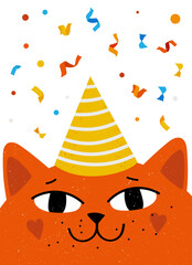 Smiling Orange Cat With Festive Party Hat and Colorful Confetti Celebrating. Flat vector illustration