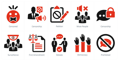 A set of 10 freedom of speech icons as censored, censorship, petition