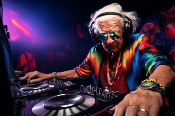 Amazing grandma DJ, older lady djing and partying in a disco setting