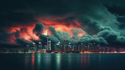 Apocalyptic City Skyline Under Fiery Storm Clouds