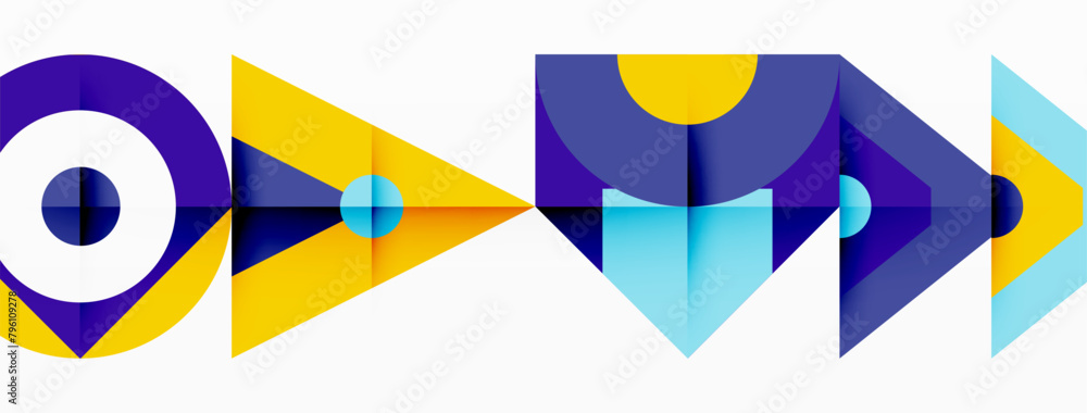 Poster An array of colorful geometric shapes like triangles, rectangles, and circles create a symmetrical pattern on a white background, with vibrant electric blue tints and shades