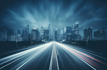 Fototapeta na wymiar Urban Velocity: Racing into the Nighttime Skyline