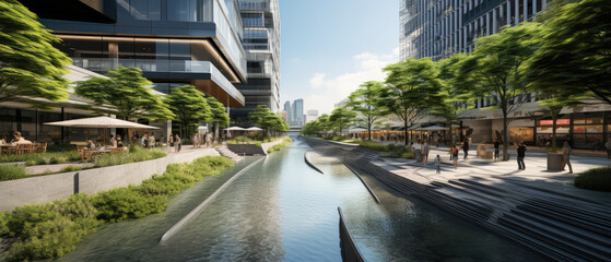 Modern Urban Oasis: Serene Cityscaping by the Canal