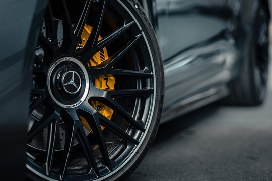 Novosibirsk, Russia - April    23, 2024 : silver  Mercedes-Benz  AMG GT 63 S 4MATIC , close-up car wheel with aluminum alloy wheel and new tires.