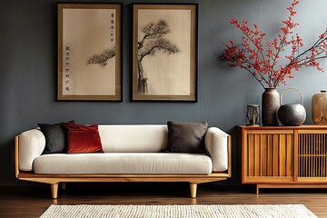 Japanese-Inspired Modern Living Room Interior Design with Mid-Century Sofa