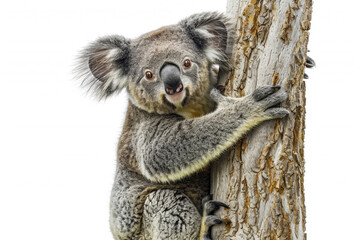 A koala clinging to a tree, isolated on a white background