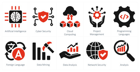 A set of 10 hard skills icons as artificial intelligence, cyber security, cloud computing