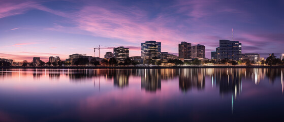 Fototapeta premium Serene Sunset Skyline and Reflective Water Panorama