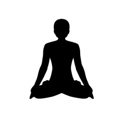 Black silhouette of a man or woman meditating on white background. Practicing yoga. Yoga lotus pose, women wellness concept, vector illustration.